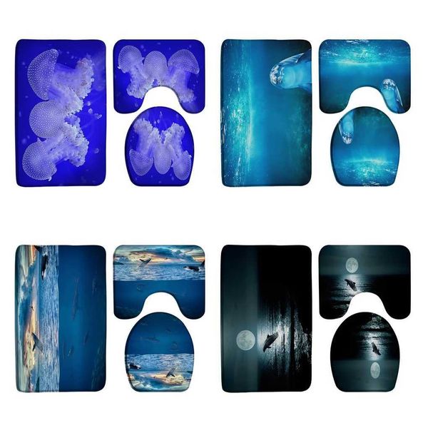 3Pc marine animal flannel non-slip bathroom mat set with U-shaped design for toilet lid, washable M240829