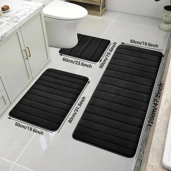 3-piece bathroom rug set with soft, absorbent memory foam for quick drying and non-slip safety in shower, kitchen, or toilet areas