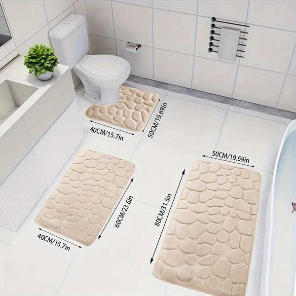 3-piece Pebble Bath Mat Set: Quick-Dry Absorbent Non-Slip Bathroom Rug with U-Shaped Design