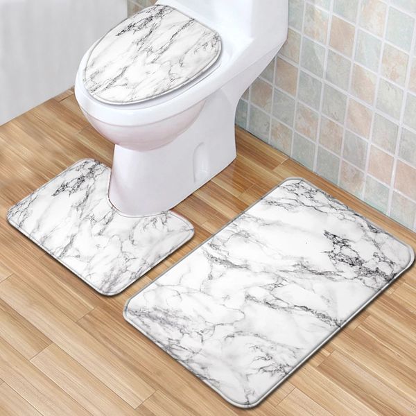 3-piece set of soft, absorbent flannel bath mats with marble design for toilet, floor, and door