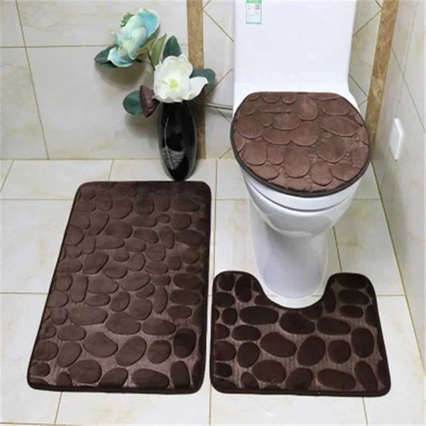 3-piece soft non-slip bathroom mat set featuring absorbent shower carpet, toilet lid cover and floor rug in cobblestone design for comfort