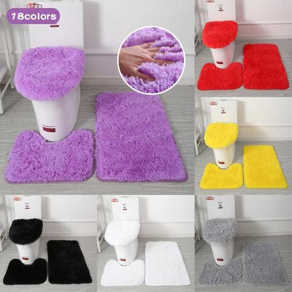 3-piece solid color velvet bath mat set with plush toilet cover and soft hair-resistant carpet