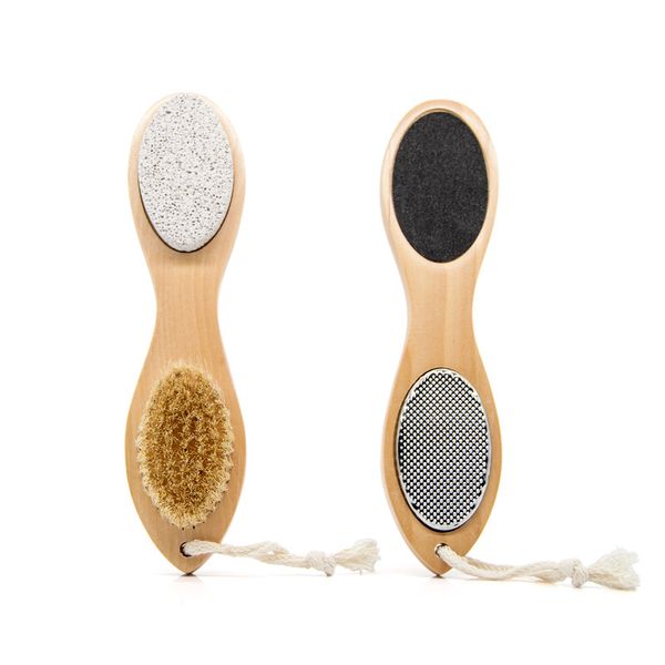 4-in-1 foot care tool with pumice brush, rasp, file, and exfoliating stone featuring a bamboo handle