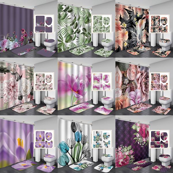 4pcs bathroom set with shower curtain, toilet seat, U-shaped mat, and floor mat in 9 plant designs (model XD24583)