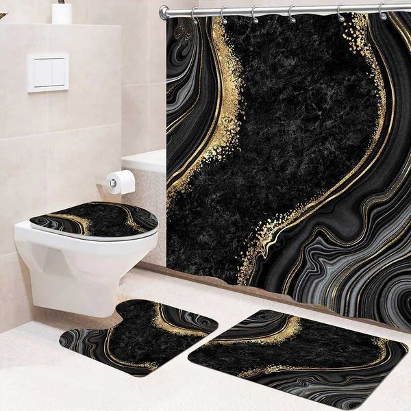 4-piece bathroom set featuring non-slip rugs, waterproof shower curtain, toilet seat cover, and durable entrance mat for home decor