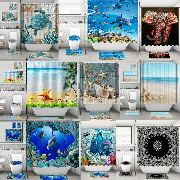 4-piece bathroom set featuring ocean-themed shower curtains and non-slip mats with starfish, shells, dolphins, and sea turtles