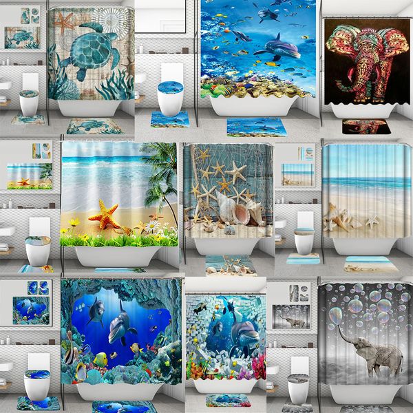 4-piece bathroom set featuring waterproof shower curtains and mats with ocean-themed prints of starfish, shells, dolphins, and sea turtles