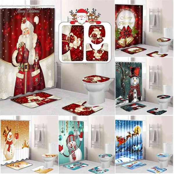 4-piece Christmas bathroom set featuring waterproof shower curtain and toilet cover with festive snowman, Santa, bell, and elk designs