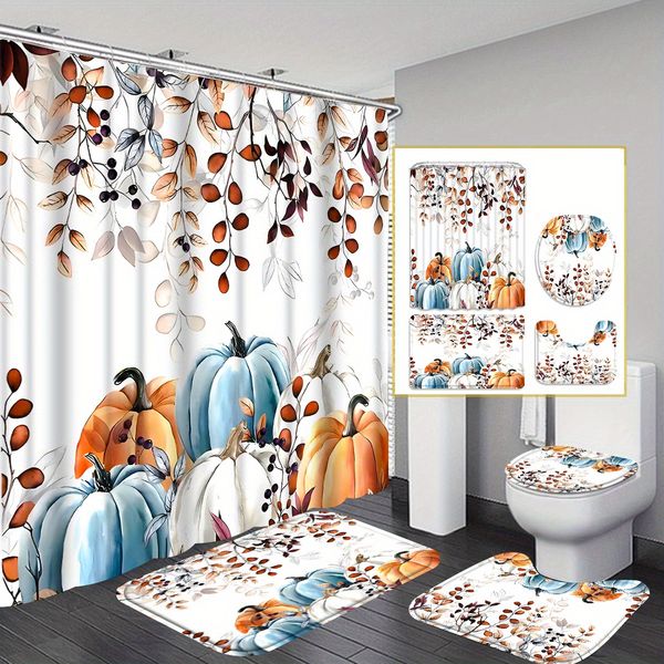 4-piece Pumpkin Leaf Shower Set with Colorful Curtain, Hooks, and Bath Mat