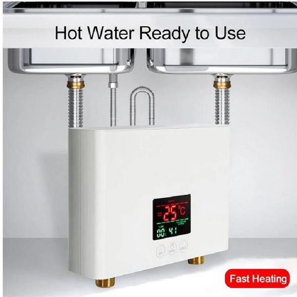 5500W electric tankless water heater for bathroom and kitchen with instant heating and temperature display, universal shower use
