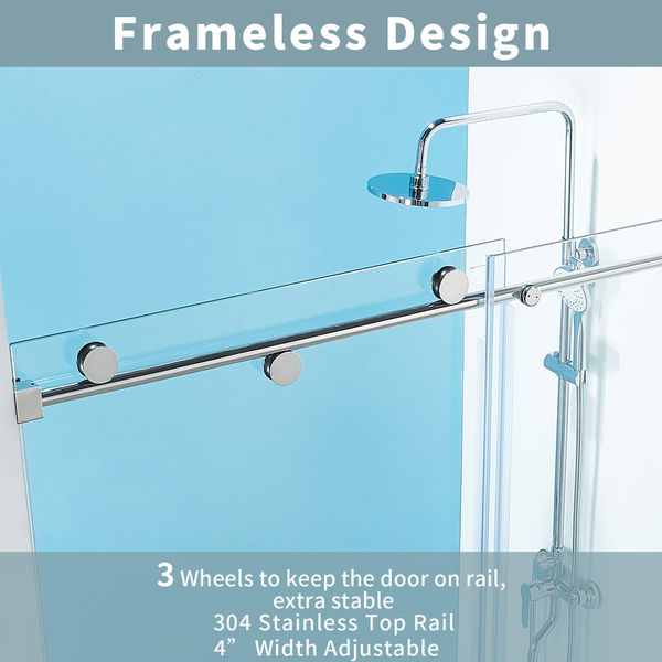 60" frameless clear tempered glass shower door with dual sliding panels for bathrooms