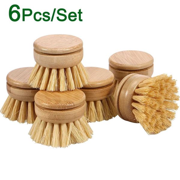 6Pcs Bamboo Dish Scrubbers with Natural Sisal Bristles for Kitchen Cleaning, Ideal for Cast Iron Pans and Pots