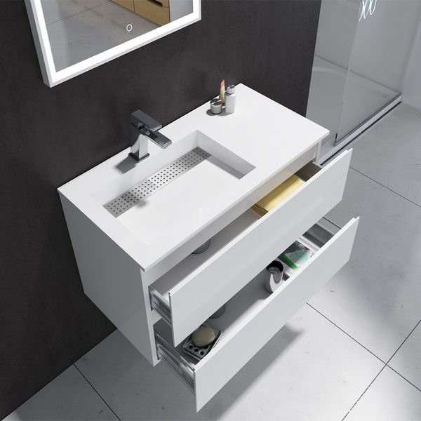 900mm freestanding bathroom vanity with stone surface, Blum drawers, and wall-mounted storage cabinet