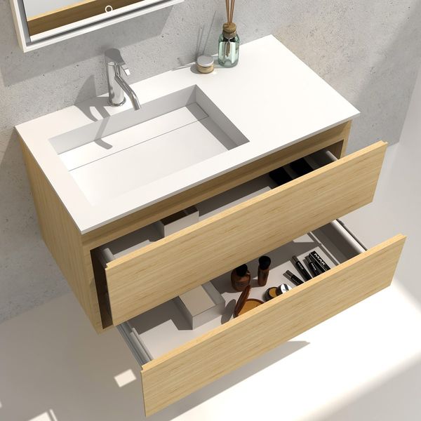 900mm x 460mm x 500mm bathroom vanity with Blum drawer slides, solid surface top, and wall-mounted cloakroom cabinet
