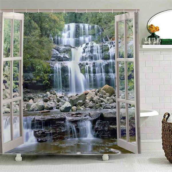 A breathtaking surreal forest waterfall viewed from an urban window, perfect for epic bathroom decor