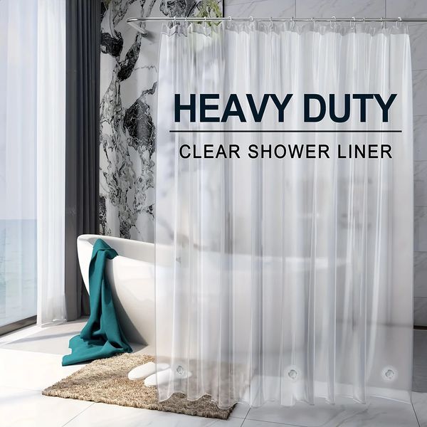 A clear plastic waterproof shower curtain featuring 12 hooks and 3 magnets, made from water-resistant fabric for bathroom decor