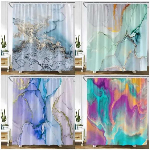 Abstract Marble Shower Curtain featuring a modern geometric watercolor design in blue and purple hues, perfect for contemporary bathroom decor