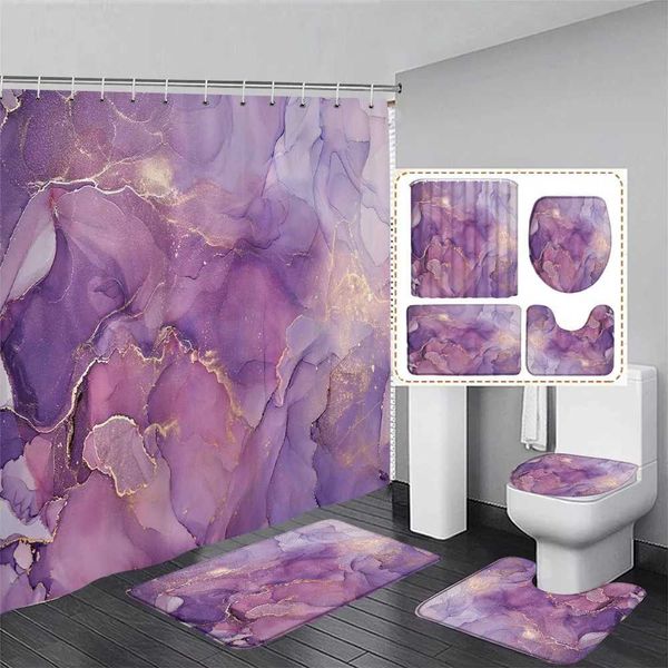 Abstract Purple Marble Shower Curtain Set with Modern Watercolor Ink Art Design for Bathroom Decor, Includes Floor Rug and Toilet Lid Cover Y240815