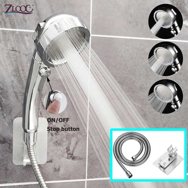 Adjustable high-pressure handheld shower head with hose in silver and black, featuring three spray modes