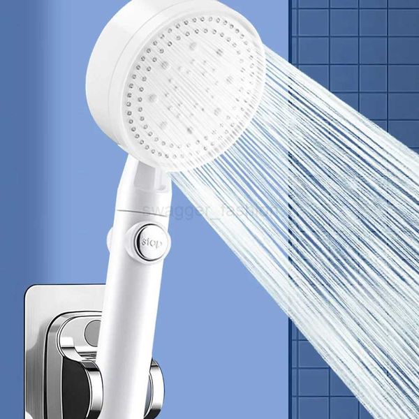 Adjustable high-pressure shower head with 6 massage modes, eco-friendly design, and hose holder for bathroom convenience
