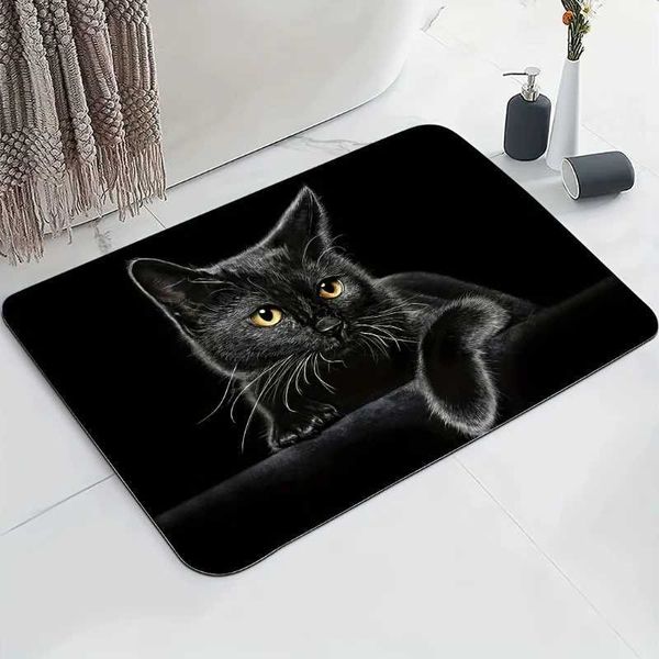 Adorable black cat design diatom mud bath mat with slip-resistant strawberry pattern for modern bathroom decor