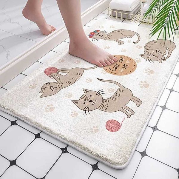 Adorable cartoon cat design plush bathroom mat with water absorption and non-slip features for shower rooms or entryways
