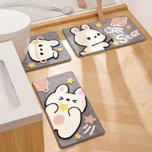 Adorable cartoon rabbit bath mat set featuring high-quality flocking, non-slip absorbent bathroom rug for shower rooms and doorways