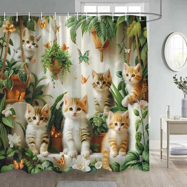 Adorable cat-themed shower curtains featuring cute animals, butterflies, and green leafy plants, made of polyester for bathroom decor