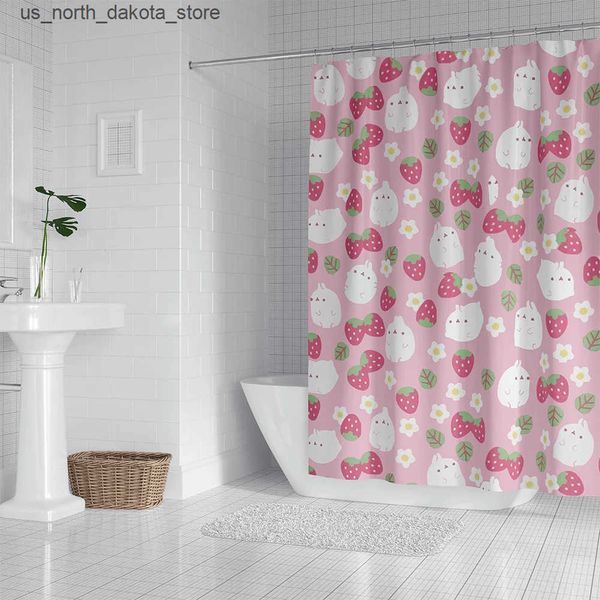 Adorable pink rabbit-themed shower curtains for girls, featuring hooks for bathroom decor and home embellishment J241205