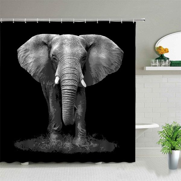 Africa-themed 3D printed shower curtains featuring elephants, lions, zebras, and leopards, waterproof bathroom decor with hooks