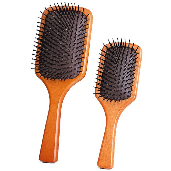 Air cushion hair brush with wooden comb for straight and curly hair, promoting scalp health and smooth hair care through gentle massage
