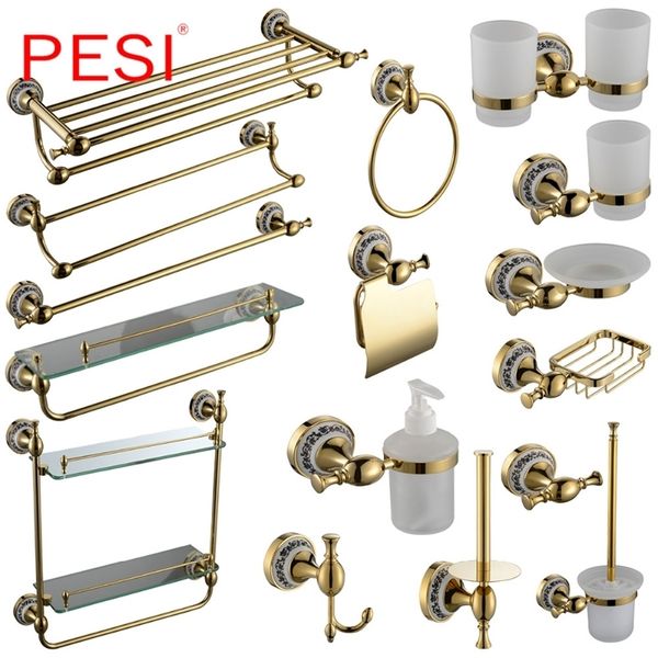 All Brass Bathroom Hardware Set including robe hooks, towel rails, racks, shelves, paper holders, and toothbrush holders in gold finish