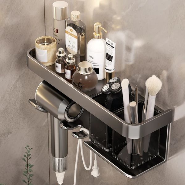 Aluminum alloy wall shelf for organizing makeup and hair dryer in the bathroom