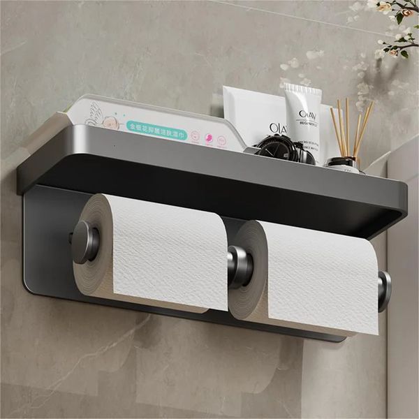 Aluminum alloy wall-mounted toilet paper holder with bathroom shelf for towels and phone