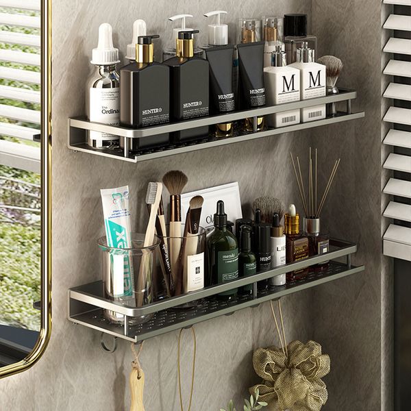 Aluminum corner shelf with towel bar and hooks for bathroom storage