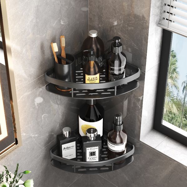 Aluminum shower corner shelves, wall-mounted with no drilling required, stainless steel bathroom storage accessories