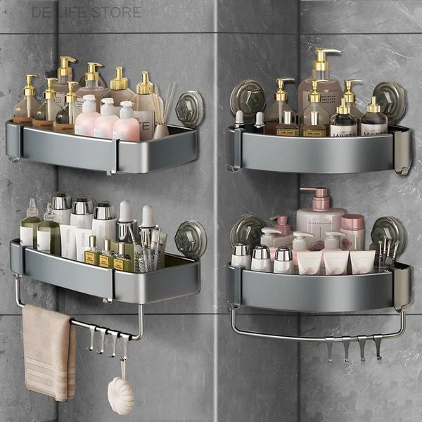 Aluminum shower suction cup holder for bathroom corners, no-drill organizer for toilet accessories