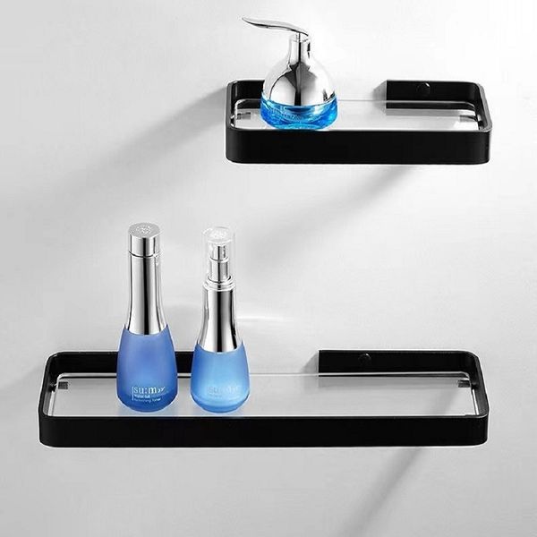 Aluminum square shower shelf with black finish, a stylish bathroom storage rack for accessories