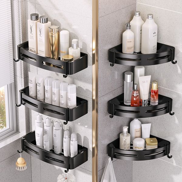 Aluminum wall-mounted corner shelf for shower storage, no-drill installation for bathroom organization