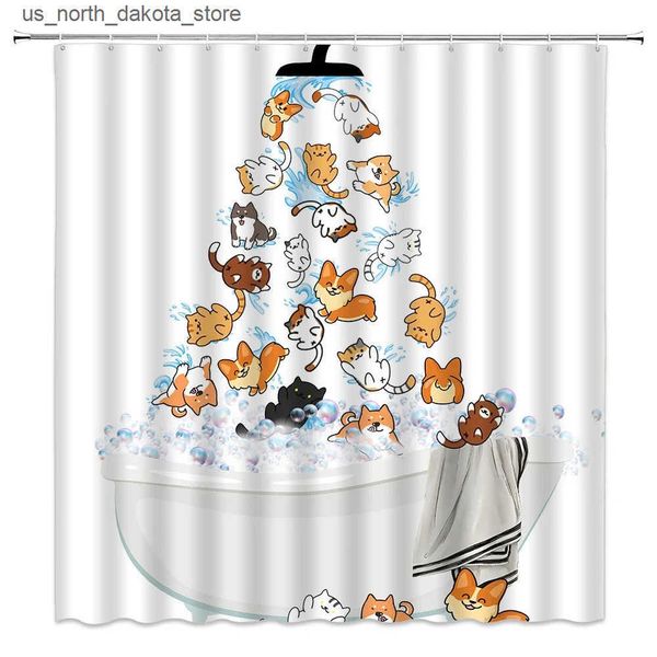 Animal-themed shower curtains featuring cute cartoon cats and dogs, perfect for kids' bathroom decor