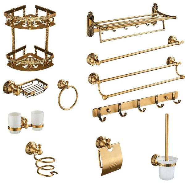 Antique brass bathroom set with shelf, towel bar, cup holders, hairdryer rack, tissue and soap dish