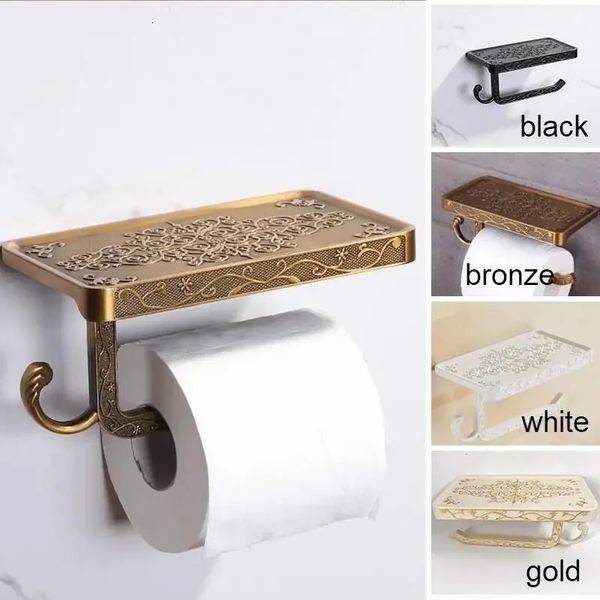 Antique bronze bathroom shelf with phone holder, towel roll, and tissue box