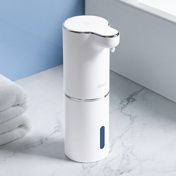 Automatic foam soap dispenser for bathrooms with USB charging, made of durable white ABS material