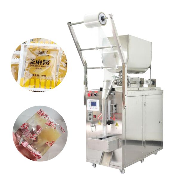 Automatic packaging machine for sauces, shampoos, and pastes in liquid form with bag-making capability