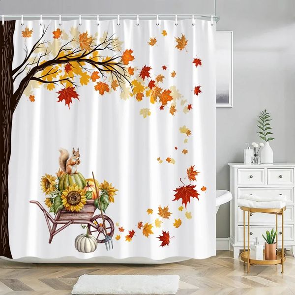 Autumn maple leaf pumpkin shower curtain with sunflower design for a rustic farmhouse bathroom decor