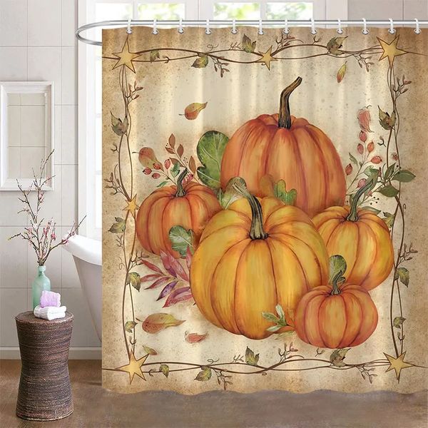 Autumn pumpkin-themed shower curtains with hooks for farmhouse bathroom decor during Thanksgiving and Halloween seasons