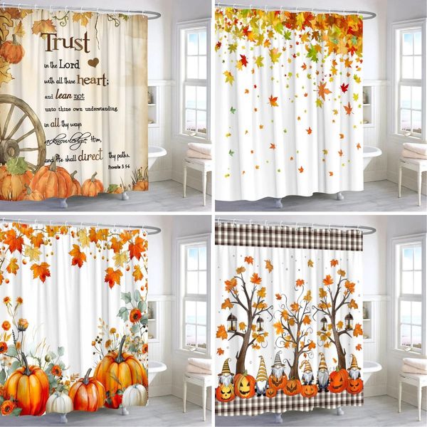 Autumn-themed watercolor leaf and pumpkin shower curtains, maple-inspired Thanksgiving polyester bathroom decor
