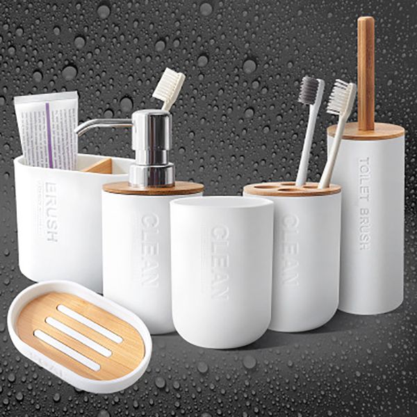 Bamboo bathroom essentials set including soap dish, dispenser, and toothbrush holder (5-piece)