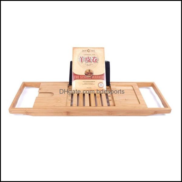 Bamboo bathtub caddy with shower rack and organizer for books, tablets, and toiletries