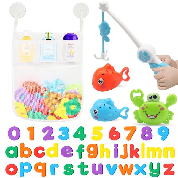Bath toy set for young children includes a storage bag with hooks, 36 letter and number pieces, and fun shower toys for bath time